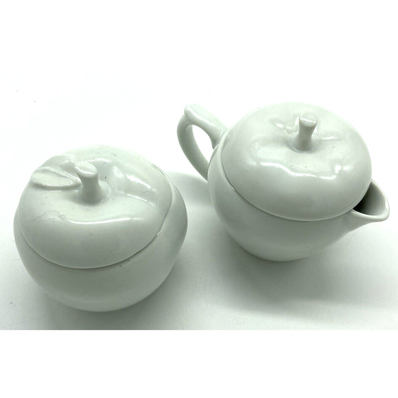 Vintage Apple Sugar and Creamer Set with Lids White Porcelain Avon - Picture 5 of 9